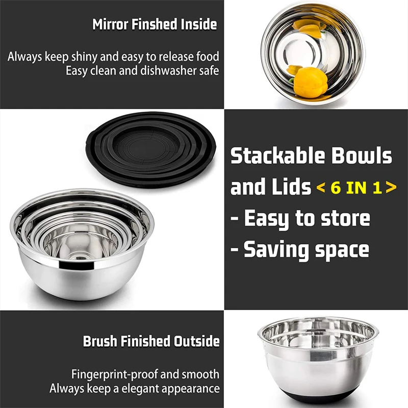LMETJMA Mixing Bowls with Lids and Non Slip Bases Stainless Steel Mixing Bowls Set for Baking Nesting Storage Bowls JT227 - Image 4