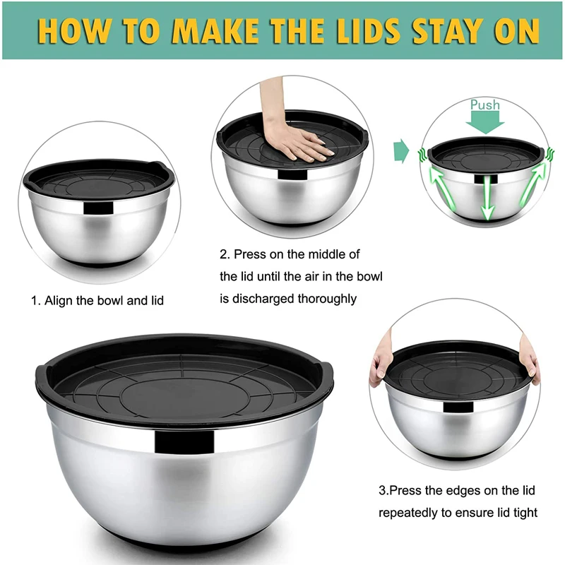 LMETJMA Mixing Bowls with Lids and Non Slip Bases Stainless Steel Mixing Bowls Set for Baking Nesting Storage Bowls JT227 - Image 5