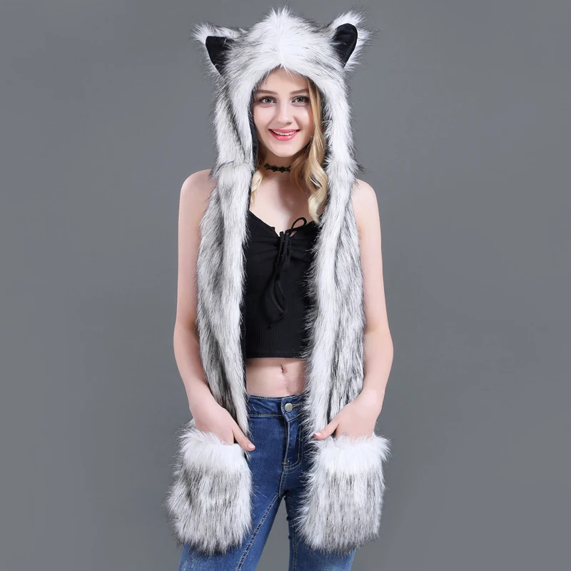 LaMaxPa Fashion Animal Women Scarf, Hat & Glove Sets 1Pcs Faux Fur Winter Warm Shawls and Wraps Hooded Fluffy Plush Dropshipping - Image 2