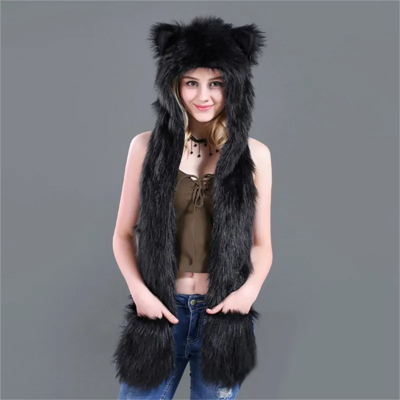 LaMaxPa Fashion Animal Women Scarf, Hat & Glove Sets 1Pcs Faux Fur Winter Warm Shawls and Wraps Hooded Fluffy Plush Dropshipping - Image 5