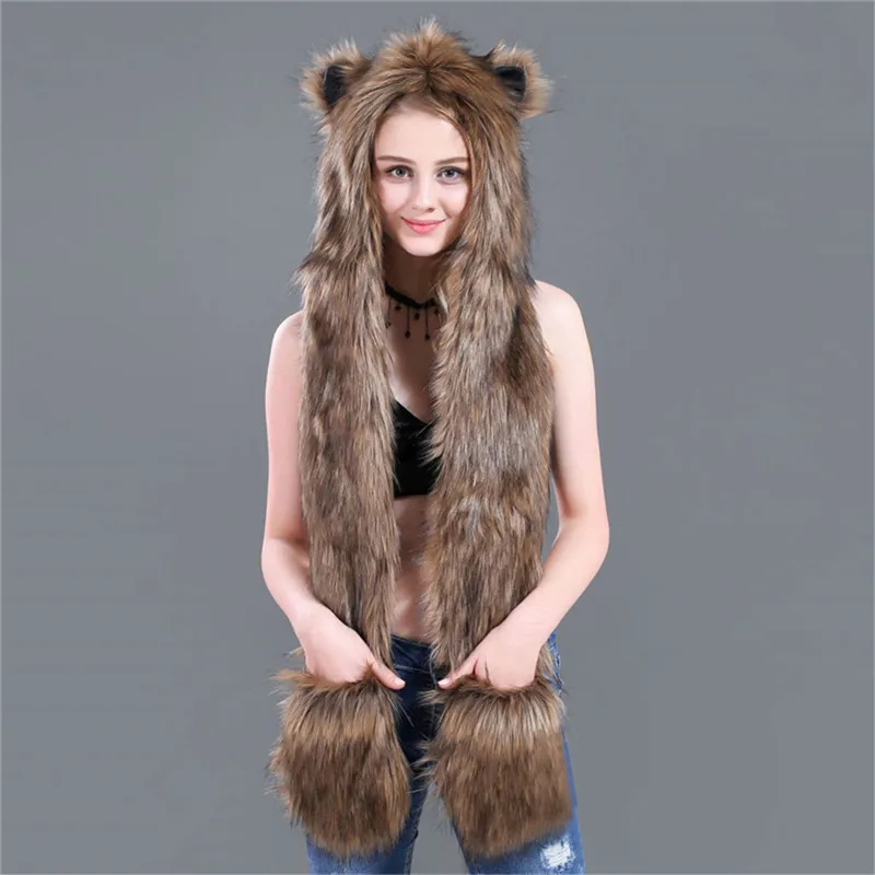 LaMaxPa Fashion Animal Women Scarf, Hat & Glove Sets 1Pcs Faux Fur Winter Warm Shawls and Wraps Hooded Fluffy Plush Dropshipping - Image 6