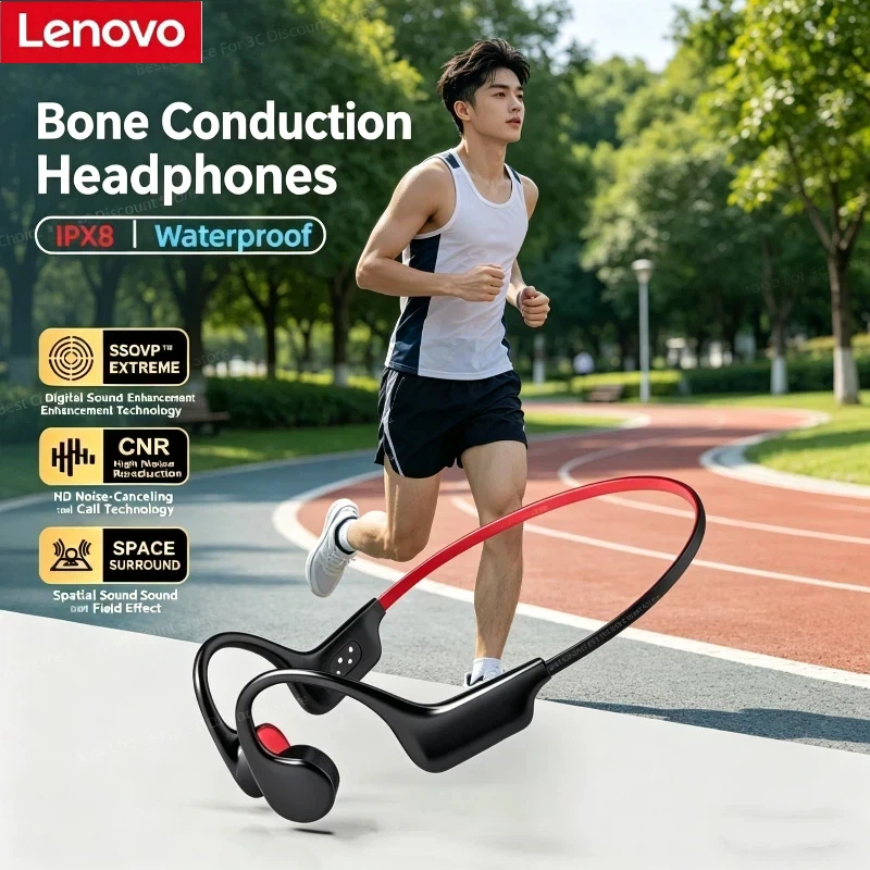 Lenovo Bluetooth 5.4 Bone Conduction Headphones Wireless Sports Earbuds IPX8 Waterproof with Mic for Swimming Running Fitness