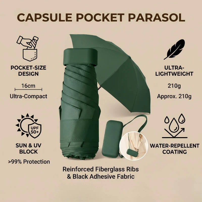 Lightweight UV-resistant Sixfold 1pc Mini Umbrella with Capsule Case Shoulder Strap Multiple Colors for Daily Travel