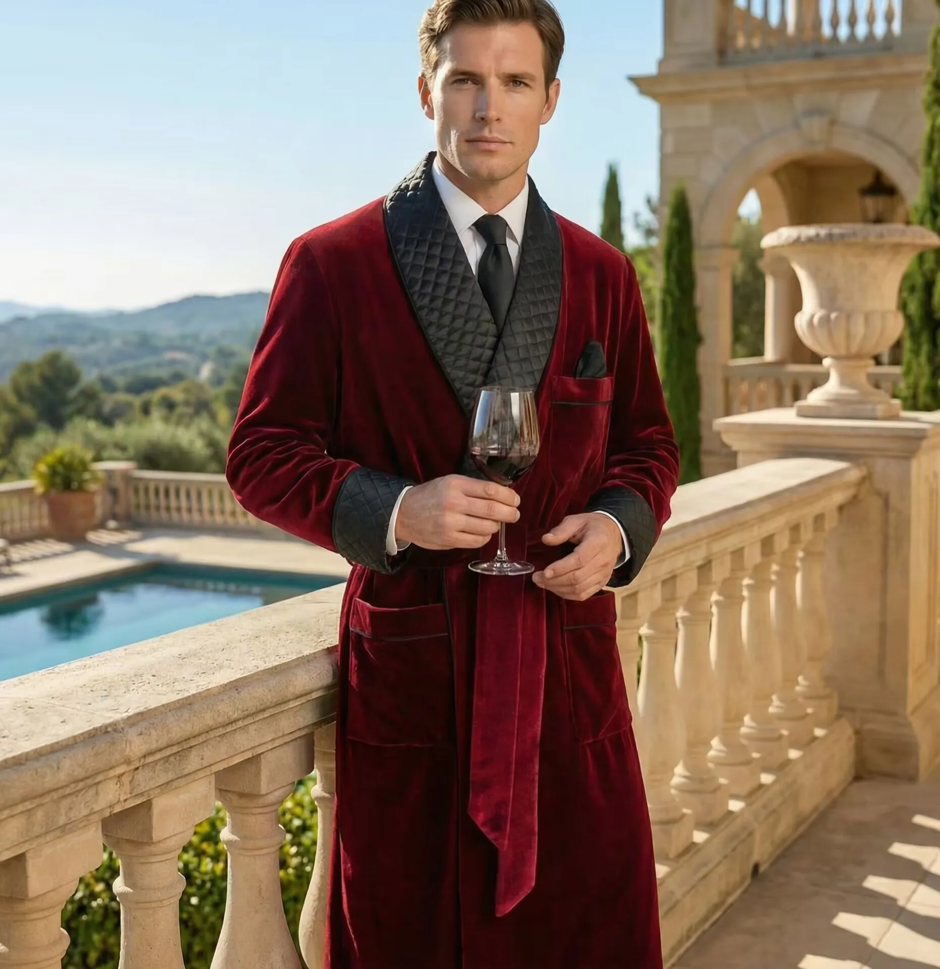 Long Velvet Smoking Jacket Shawl Lapel Wedding Groom Coat Men Suit Blazer with Belt Just the coat - Image 4