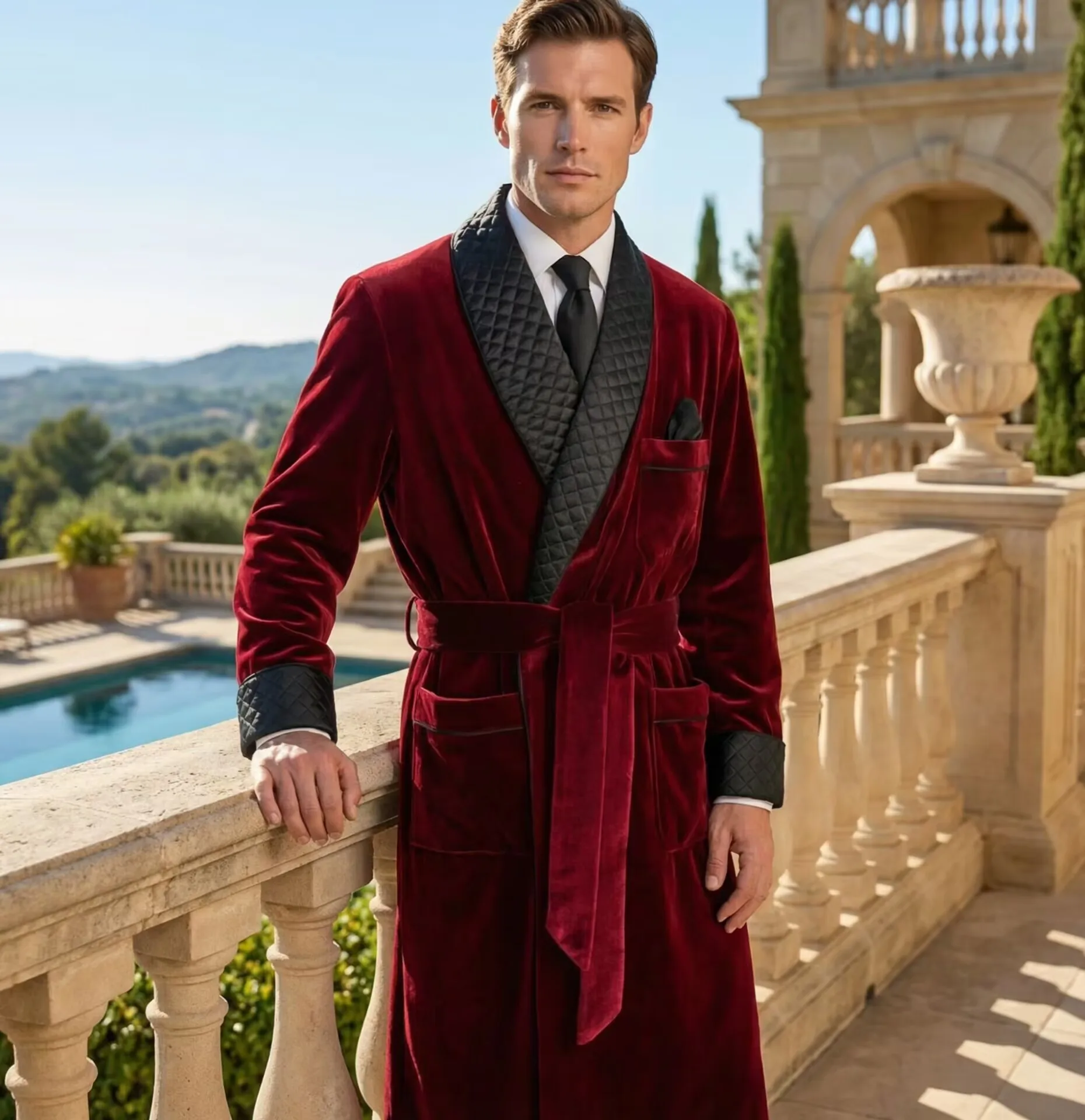 Long Velvet Smoking Jacket Shawl Lapel Wedding Groom Coat Men Suit Blazer with Belt Just the coat - Image 3