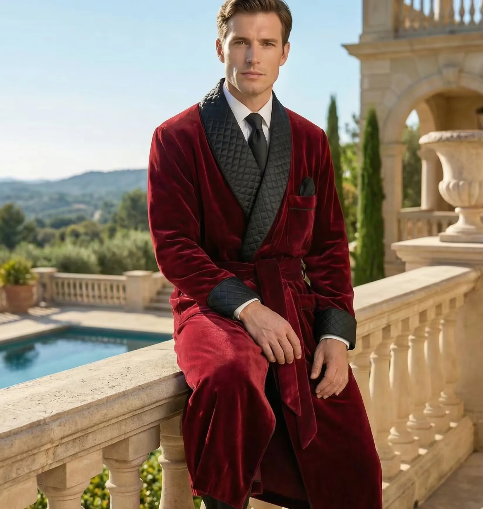Long Velvet Smoking Jacket Shawl Lapel Wedding Groom Coat Men Suit Blazer with Belt Just the coat - Image 5
