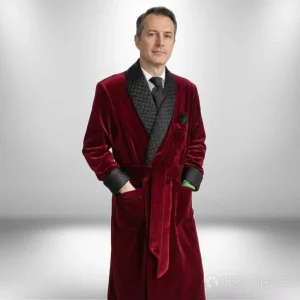 Long Velvet Smoking Jacket Shawl Lapel Wedding Groom Coat Men Suit Blazer with Belt Just the coat
