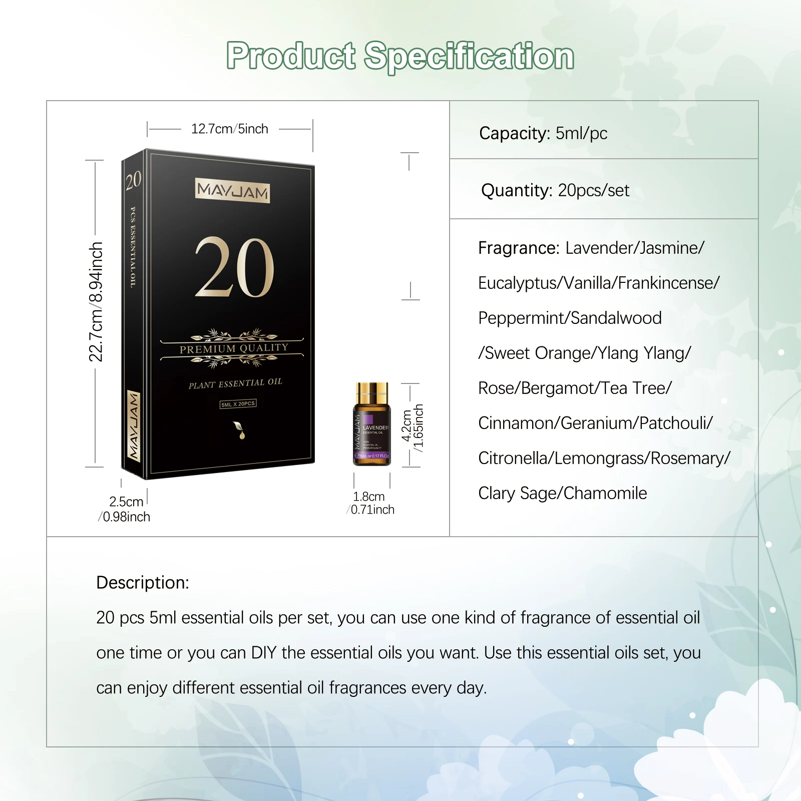 MAYJAM 20 Bottles Essential Oils Set for Humidifier Aroma Diffuser Lavender Jasmine Eucalyptus Vanilla Sandalwood Fragrance - Image 3
