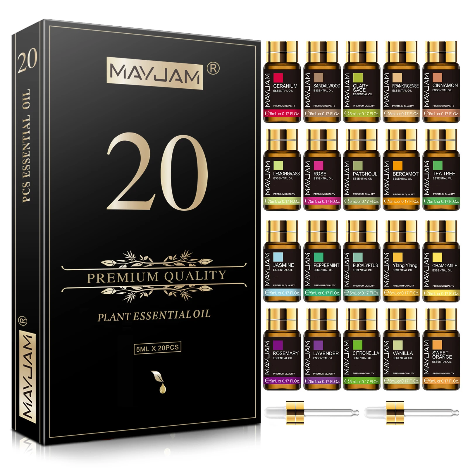 MAYJAM 20 Bottles Essential Oils Set for Humidifier Aroma Diffuser Lavender Jasmine Eucalyptus Vanilla Sandalwood Fragrance