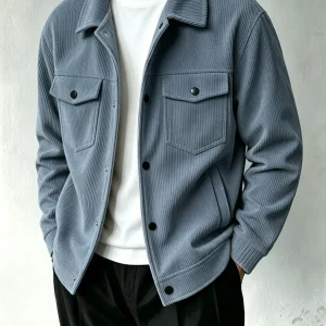 Men Corduroy Lapel Jacket Button Down Casual Trucker Coat With Flap Pockets Autumn Winter Long Sleeve Outerwear