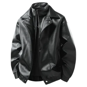 Men Fashion PU Leather Jacket Stand‑collar Zipper Outerwear Loose Fit Casual Streetwear Windproof Warm Coat for Daily Wear