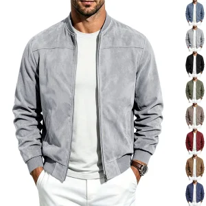 Men Suede‑Look Bomber Jacket, Zip‑Up Stand Collar Long Sleeve Rib Cuff Casual Outerwear Coat