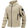 Men's Hiking Tactical Fleece Full Zip Hooded Jacket Multi-Zipper Pockets Design Autumn Winter Warm Outdoor Sports Coat for Men