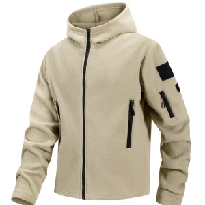 Men's Hiking Tactical Fleece Full Zip Hooded Jacket Multi-Zipper Pockets Design Autumn Winter Warm Outdoor Sports Coat for Men