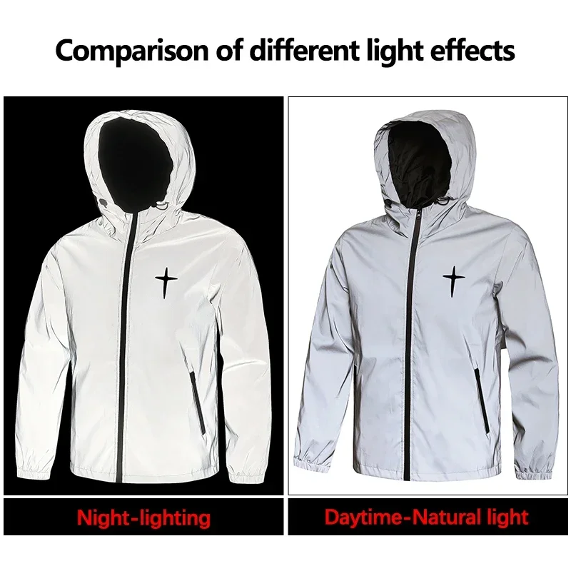 Men's Night Reflective Cross Printed Jacket Outdoor Windproof Hooded Hip Hop Coat Luminous Safety Outerwear for Running Cycling - Image 2