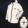 Men's Night Reflective Cross Printed Jacket Outdoor Windproof Hooded Hip Hop Coat Luminous Safety Outerwear for Running Cycling