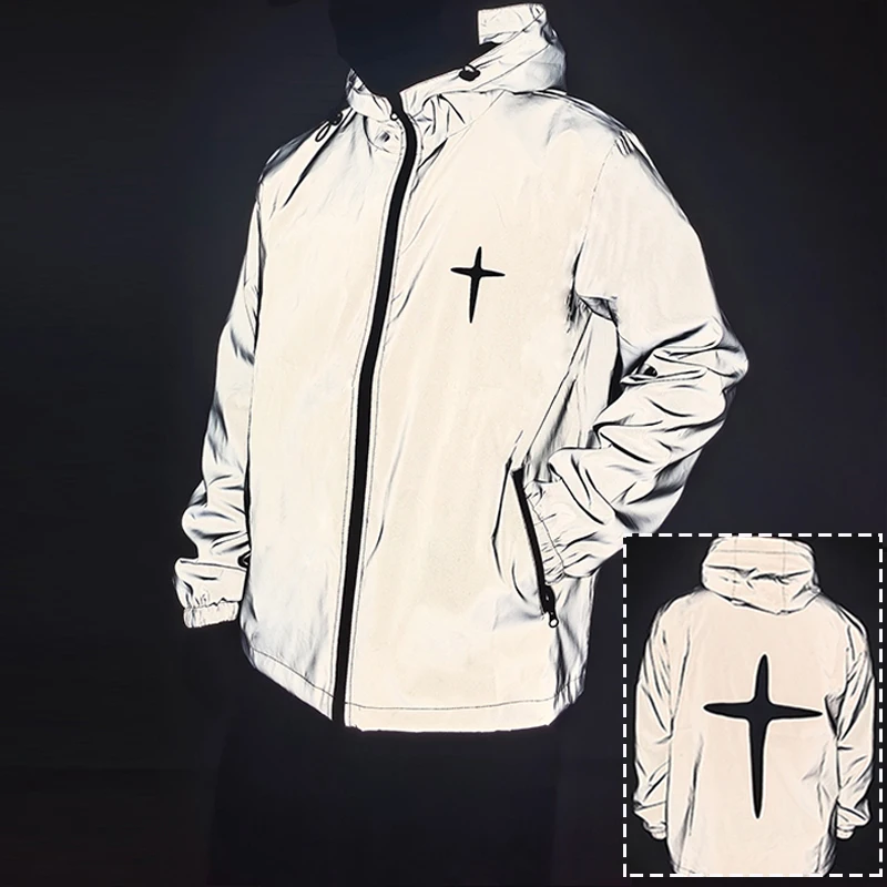 Men's Night Reflective Cross Printed Jacket Outdoor Windproof Hooded Hip Hop Coat Luminous Safety Outerwear for Running Cycling