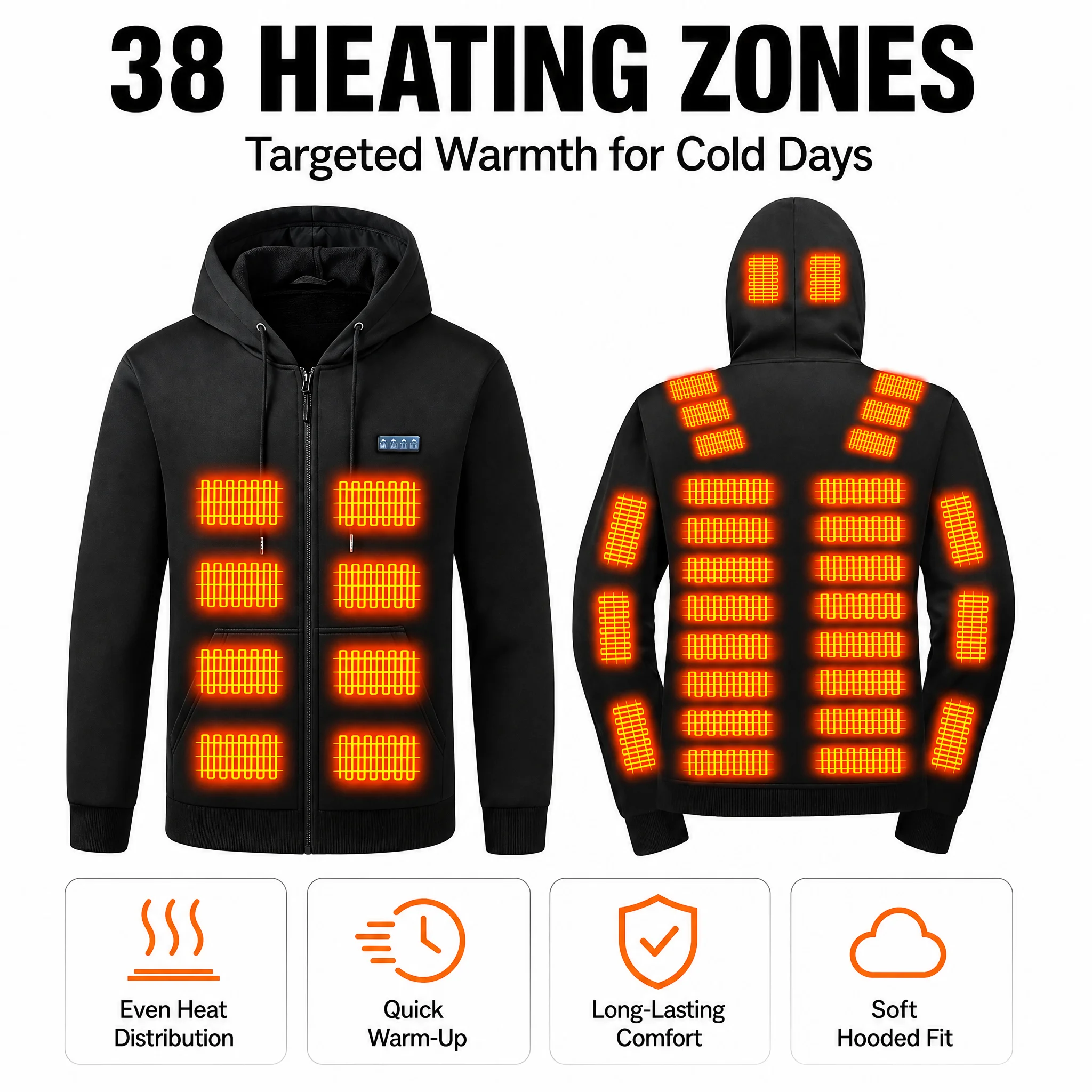 Men’s and women’s smart heated jackets with 38 heating zones. Does not include power pack. Features a hooded winter coat for war - Image 2
