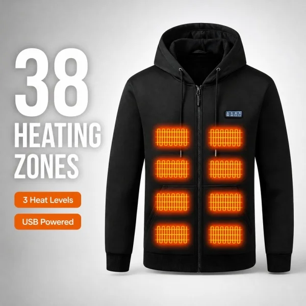 Men’s and women’s smart heated jackets with 38 heating zones. Does not include power pack. Features a hooded winter coat for war - Image 6