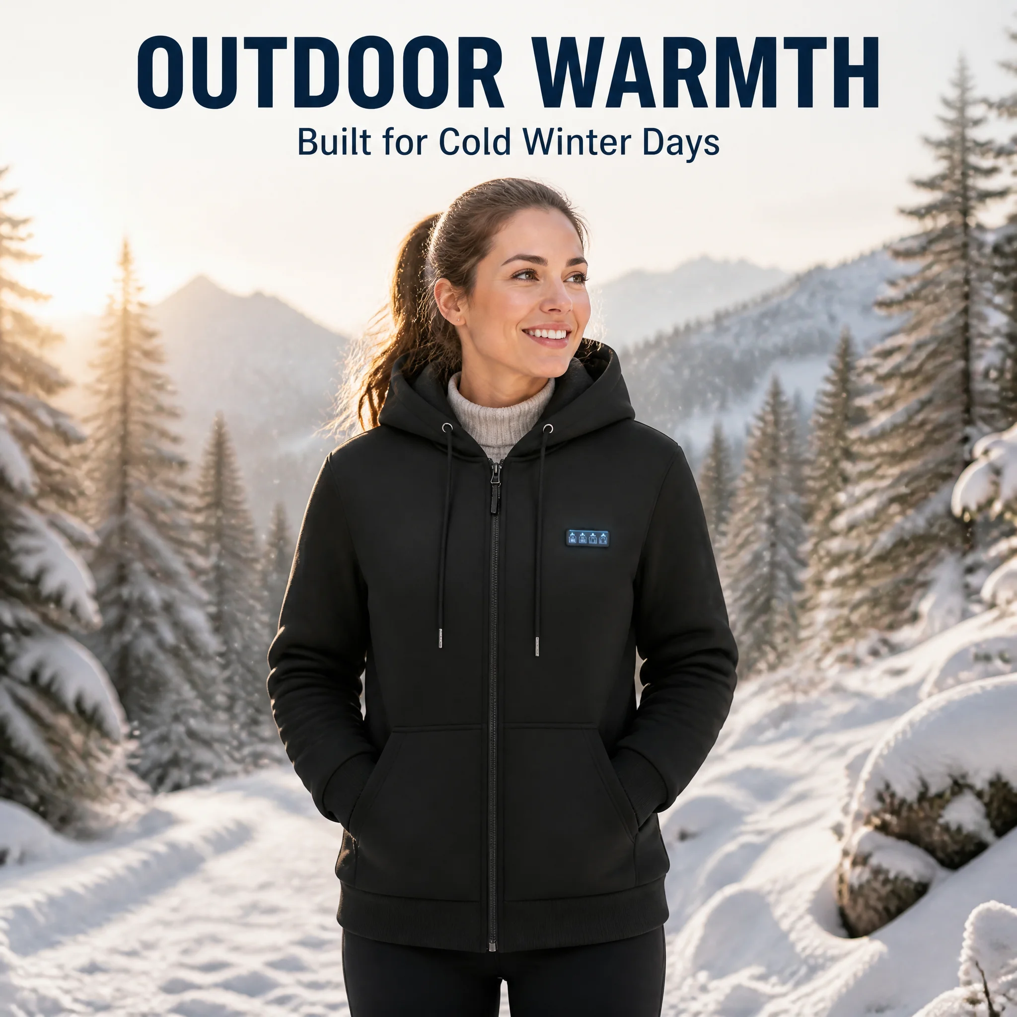 Men’s and women’s smart heated jackets with 38 heating zones. Does not include power pack. Features a hooded winter coat for war - Image 5