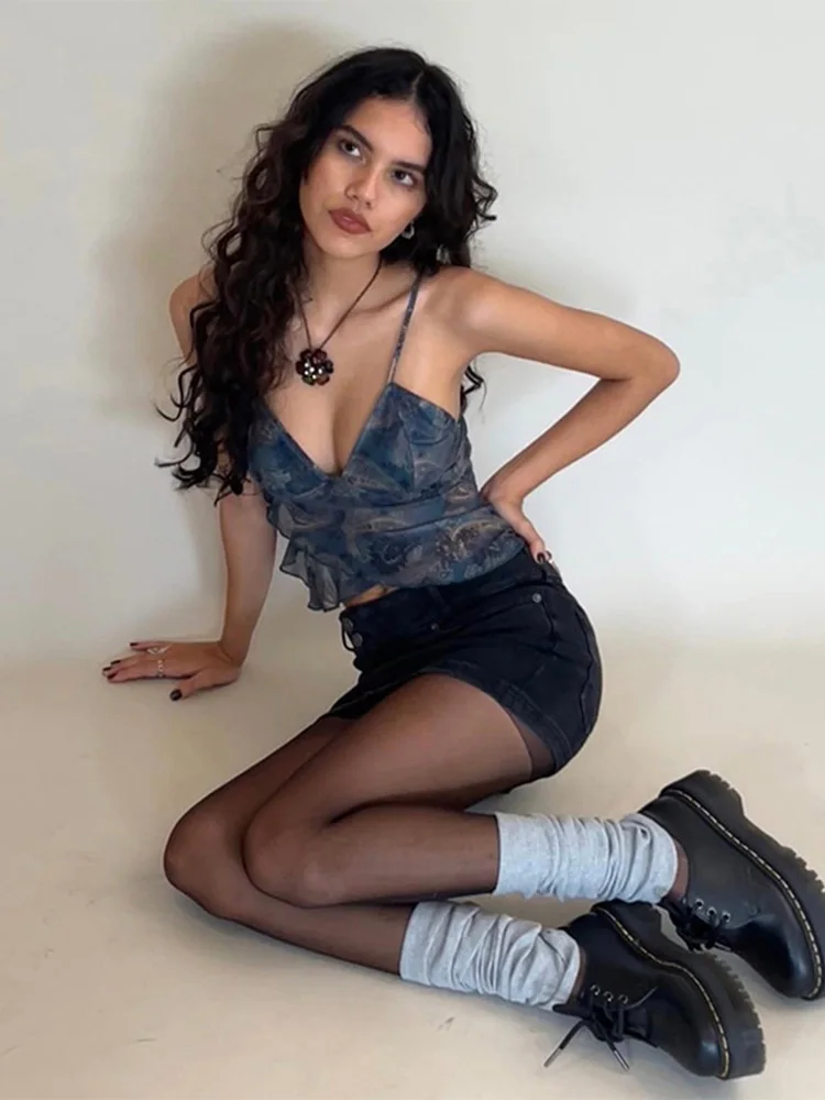 Mesh See Through Printed Vest Women Sexy Casual V-neck Sleeveless Suspender Camisole Patchwork Tank Top Streetwear - Image 6