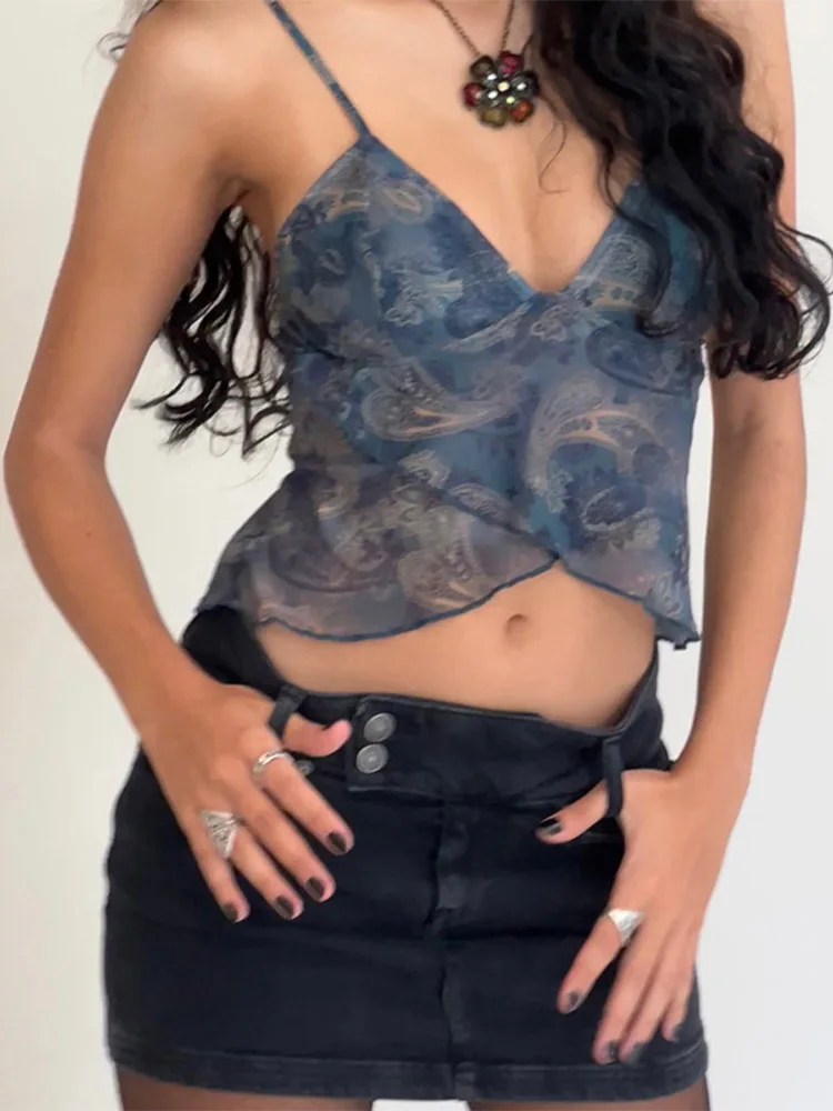 Mesh See Through Printed Vest Women Sexy Casual V-neck Sleeveless Suspender Camisole Patchwork Tank Top Streetwear - Image 3