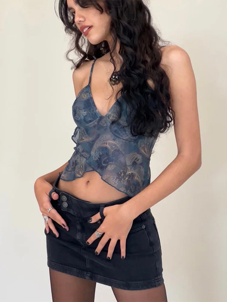 Mesh See Through Printed Vest Women Sexy Casual V-neck Sleeveless Suspender Camisole Patchwork Tank Top Streetwear - Image 4