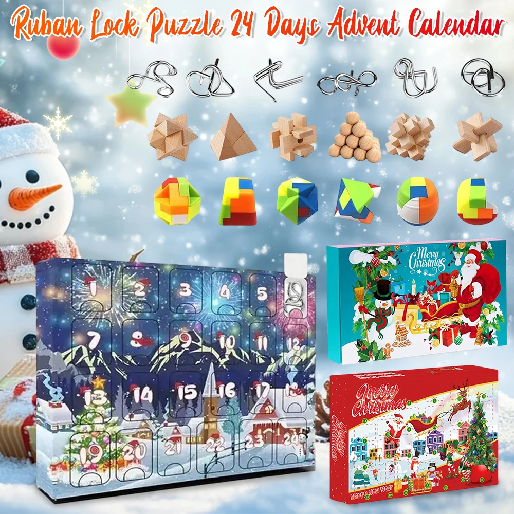 Metal Puzzle Christmas Advent Calendar Gifts Box Ruban Lock Puzzle Xmas Countdown Calendar Box Brain Teaser Fidget Toy