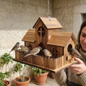 Multiple Holes Bird Feeder House Rustic Style Wooden Wild Birds Habitat Ventilation Weather Resistant Birdhouse Nesting Feeding