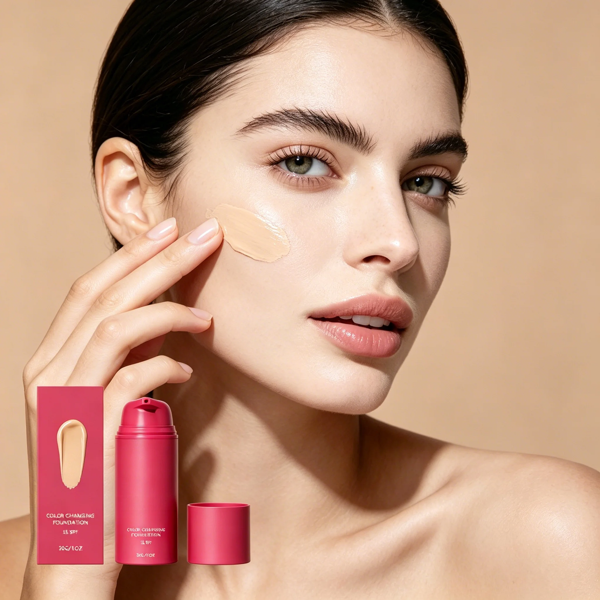 Natural Color Temperature Adjustable Foundation Liquid, Evens Skin Tone on the Face, Soft Makeup Look, Long-Lasting, Luminous, D