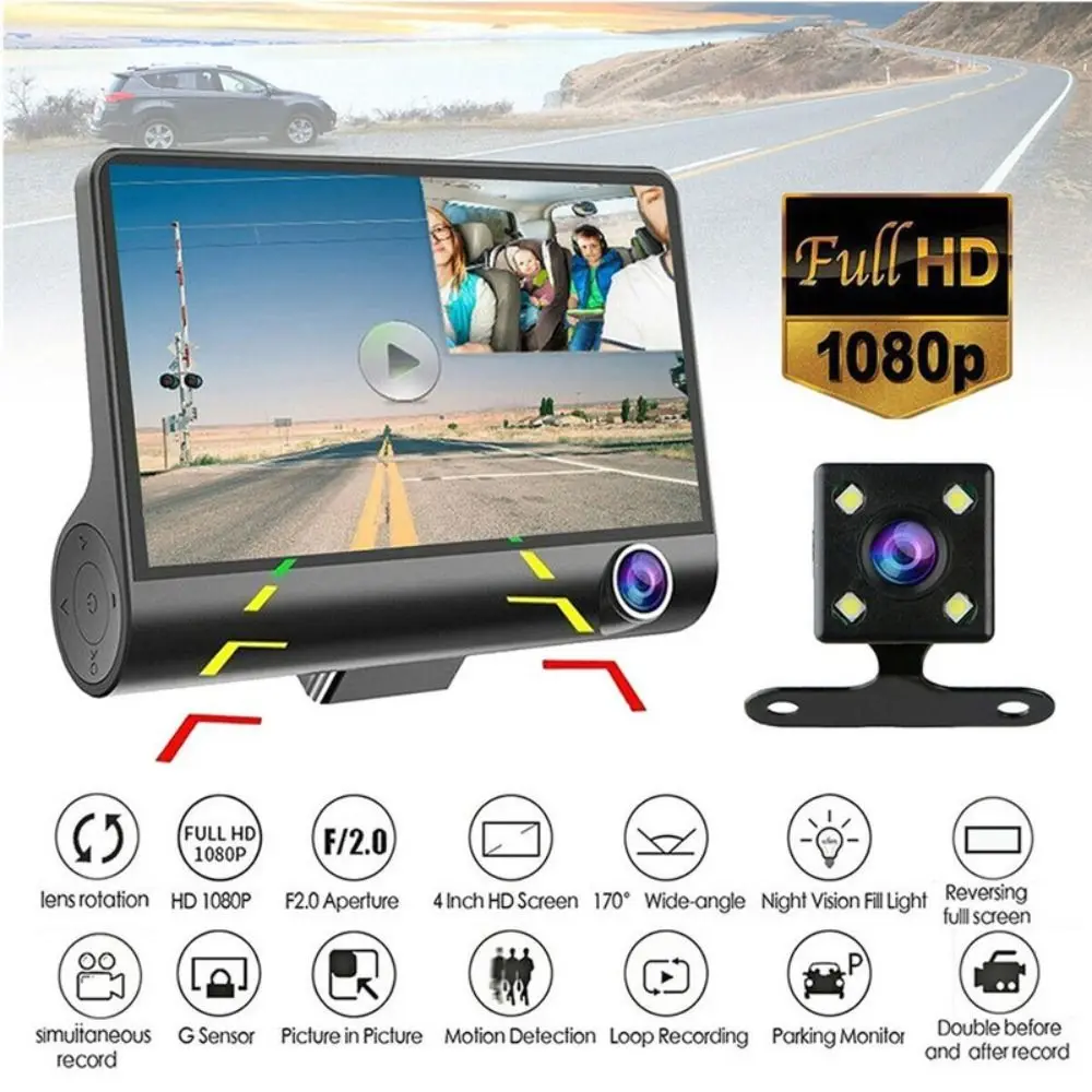 New 1080P 3-Lens Dash Cam Full HD 170° Wide Angle Car DVR Recorder G-Sensor Rear Camera for Car - Image 5