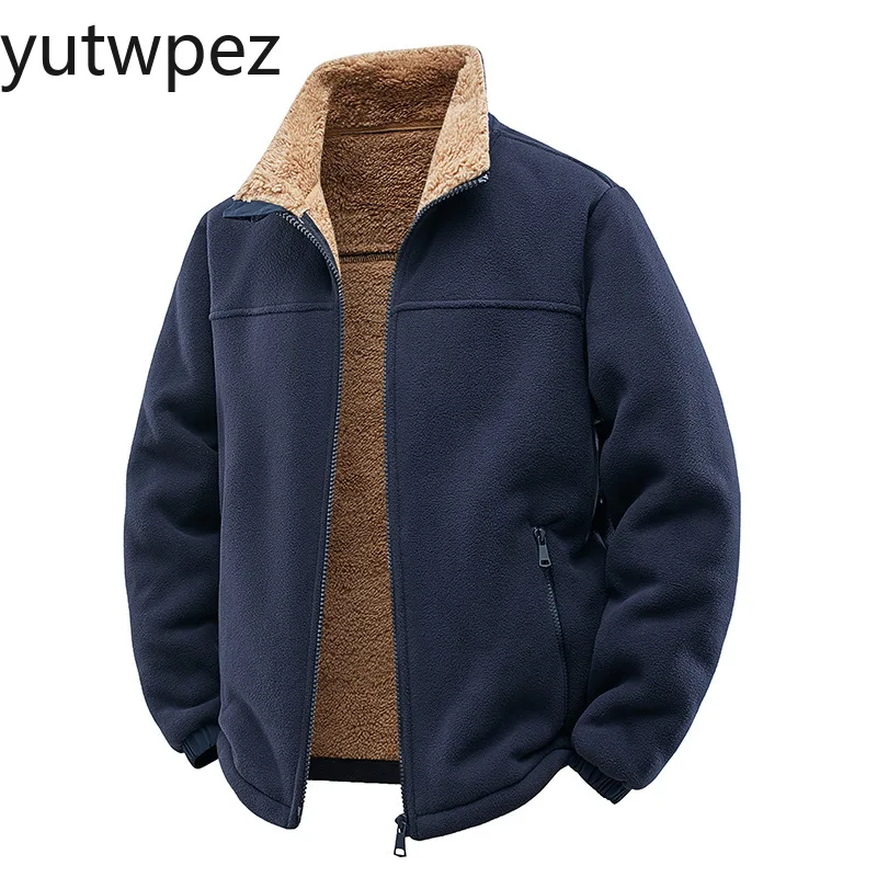 New Autumn Winter Men Jacket Retro Solid Color Long Sleeve Male Outerwear Stand Collar Loose Casual Versatile Man Plush Coat - Image 2