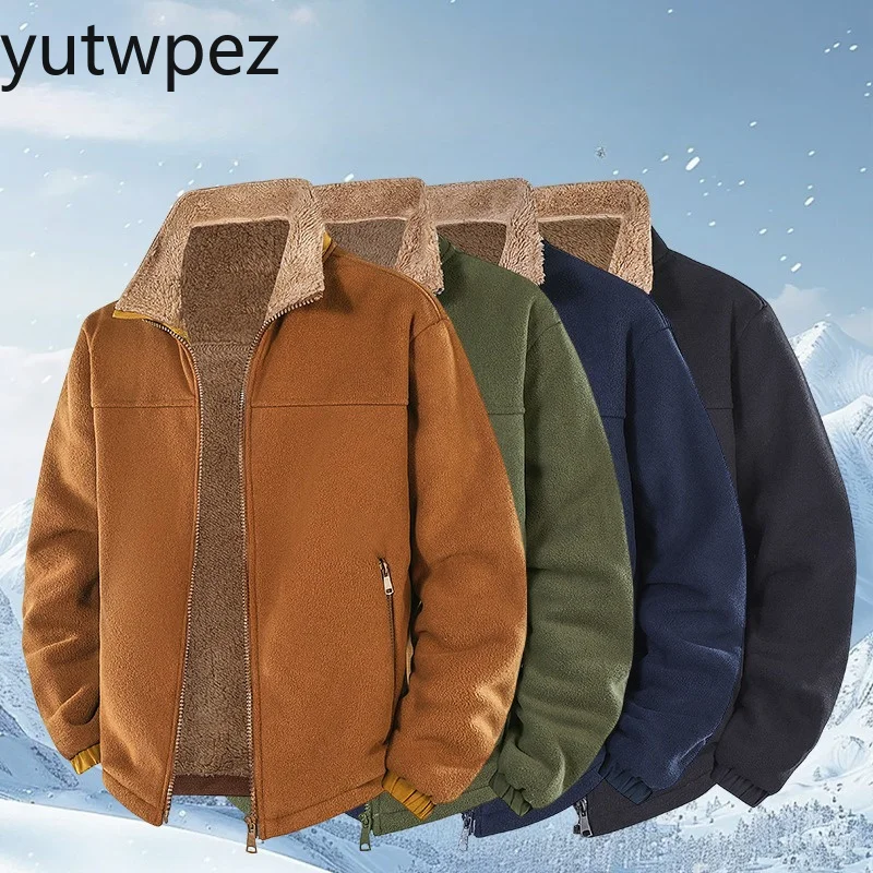 New Autumn Winter Men Jacket Retro Solid Color Long Sleeve Male Outerwear Stand Collar Loose Casual Versatile Man Plush Coat - Image 5