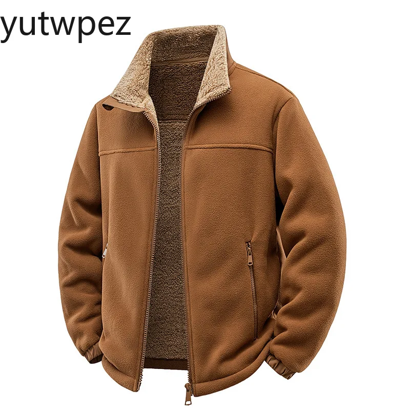 New Autumn Winter Men Jacket Retro Solid Color Long Sleeve Male Outerwear Stand Collar Loose Casual Versatile Man Plush Coat - Image 3
