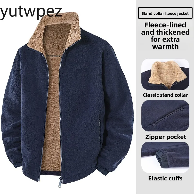 New Autumn Winter Men Jacket Retro Solid Color Long Sleeve Male Outerwear Stand Collar Loose Casual Versatile Man Plush Coat - Image 6