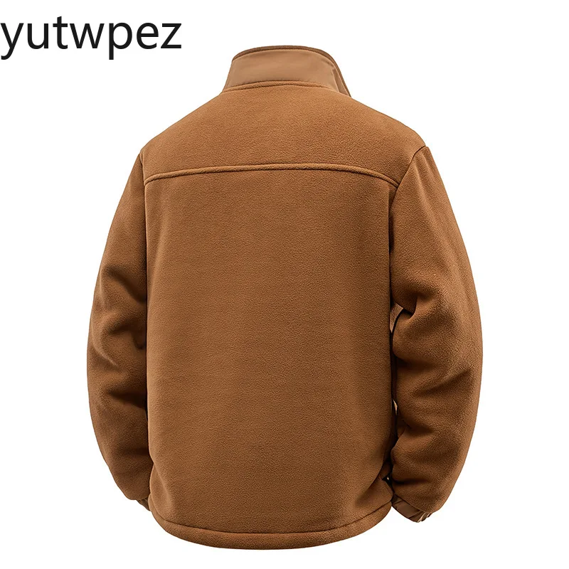 New Autumn Winter Men Jacket Retro Solid Color Long Sleeve Male Outerwear Stand Collar Loose Casual Versatile Man Plush Coat - Image 4