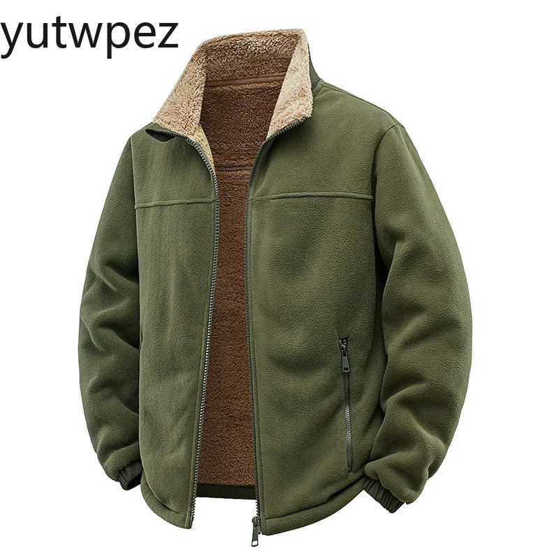 New Autumn Winter Men Jacket Retro Solid Color Long Sleeve Male Outerwear Stand Collar Loose Casual Versatile Man Plush Coat