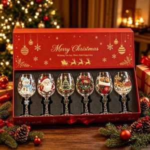 New Christmas Art Wine Goblet Festive Pattern Decor Glass Cup Xmas Stocking Gingerbread Snowflake Glass Cup Xmas Table Setting