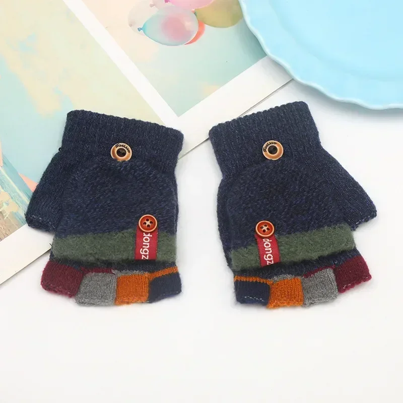 New Half Finger Flip Kids Gloves Jacquard Color Matching Autumn Winter Warm Gloves for Children Student Writing Baby Gloves - Image 2