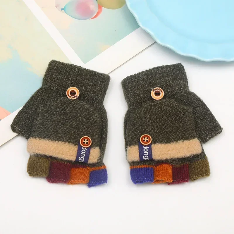New Half Finger Flip Kids Gloves Jacquard Color Matching Autumn Winter Warm Gloves for Children Student Writing Baby Gloves - Image 3