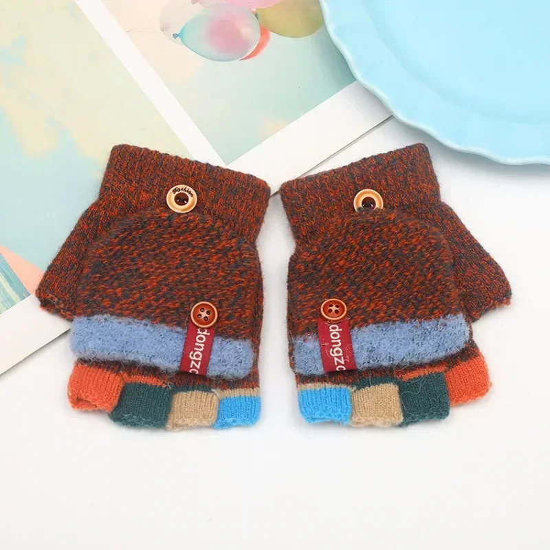 New Half Finger Flip Kids Gloves Jacquard Color Matching Autumn Winter Warm Gloves for Children Student Writing Baby Gloves - Image 6