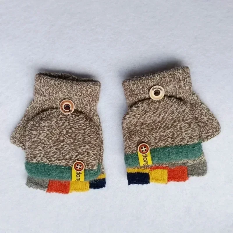 New Half Finger Flip Kids Gloves Jacquard Color Matching Autumn Winter Warm Gloves for Children Student Writing Baby Gloves - Image 4