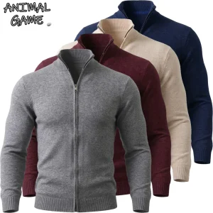 New Men's Mock Neck Zip Knit Cardigan Sweater Winter Warm Long Sleeve Outerwear Jacket for Office Stand Collar Knitwear Coats