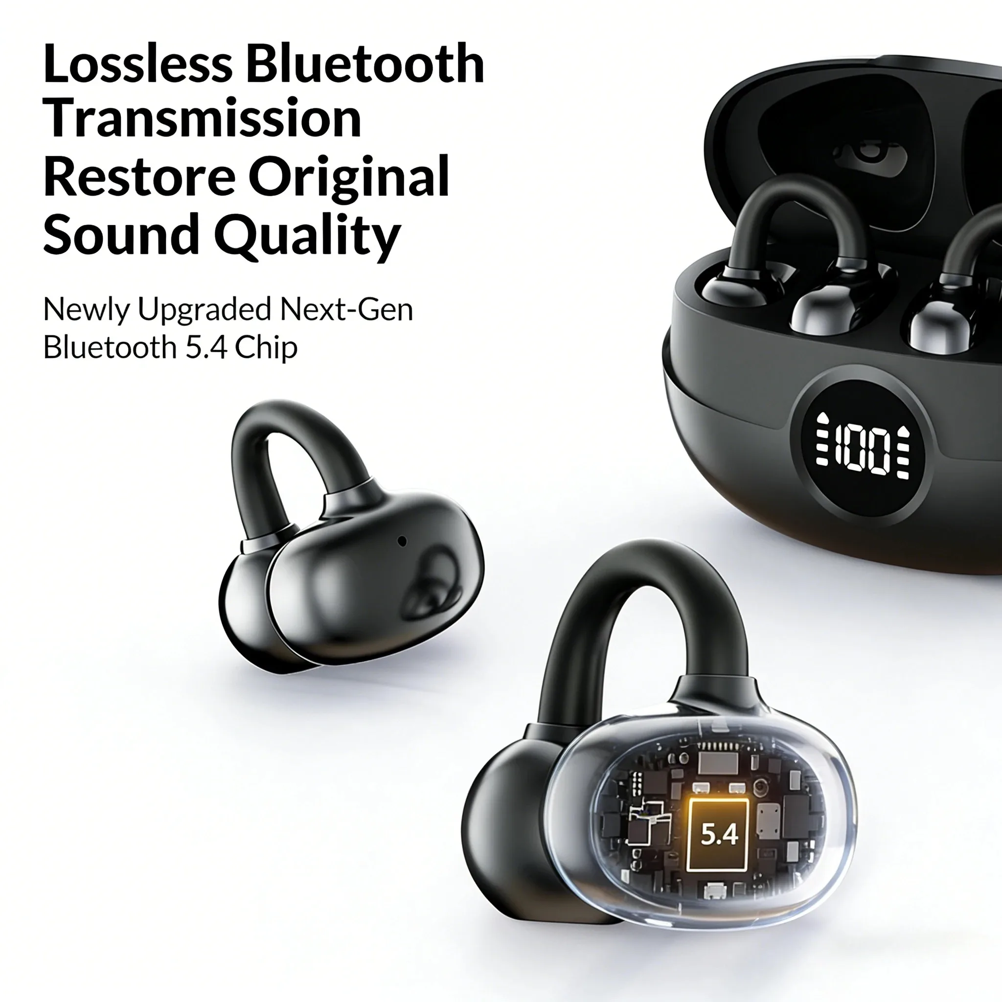 New OWS Clip‑On Wireless Earbuds Digital Battery Indicator Hi‑Fi Sound Noise Reduction, Long Playtime with Mic - Image 2