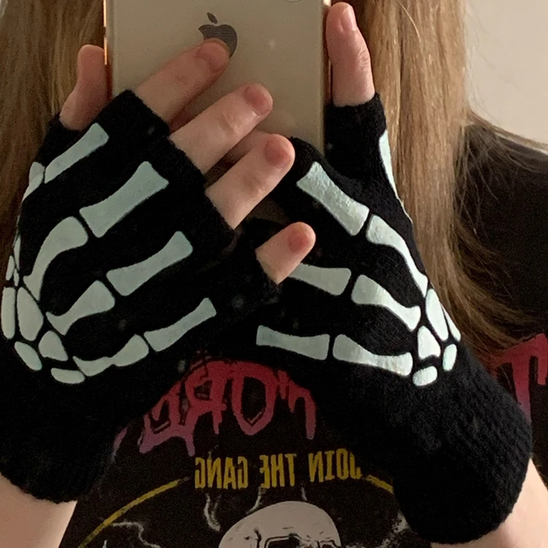 New Punk Gloves Unisex Halloween Skeleton Skull Half Finger Gloves Glow In The Dark Fingerless Stretch Knitted Winter Mittens - Image 3