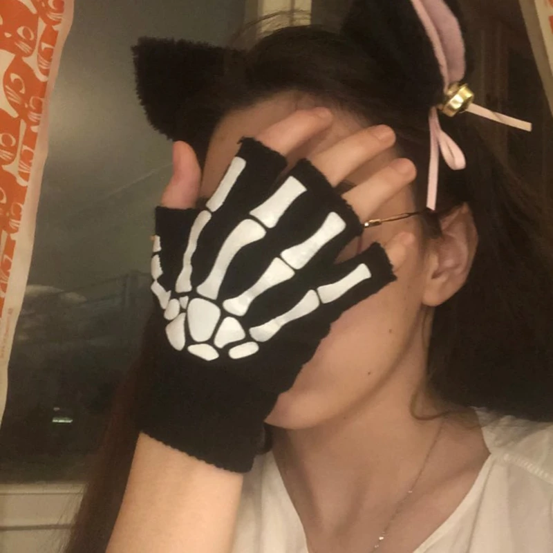 New Punk Gloves Unisex Halloween Skeleton Skull Half Finger Gloves Glow In The Dark Fingerless Stretch Knitted Winter Mittens - Image 4