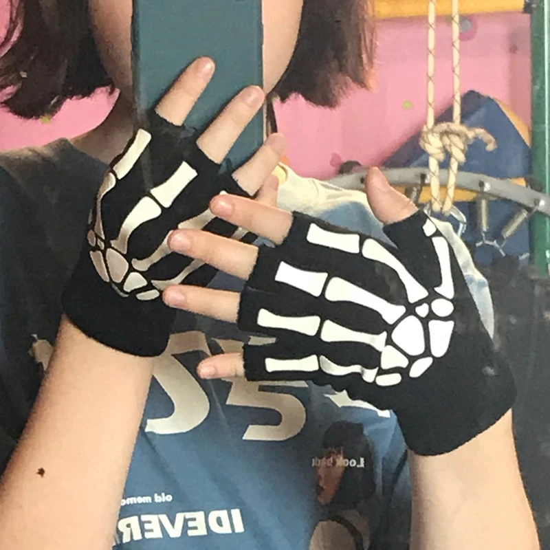 New Punk Gloves Unisex Halloween Skeleton Skull Half Finger Gloves Glow In The Dark Fingerless Stretch Knitted Winter Mittens - Image 5