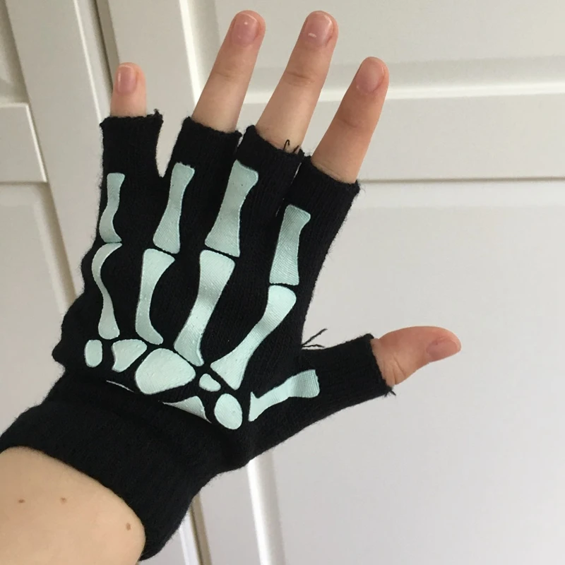 New Punk Gloves Unisex Halloween Skeleton Skull Half Finger Gloves Glow In The Dark Fingerless Stretch Knitted Winter Mittens - Image 6