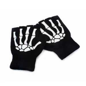 New Punk Gloves Unisex Halloween Skeleton Skull Half Finger Gloves Glow in The Dark Fingerless Stretch Knitted Winter Mittens