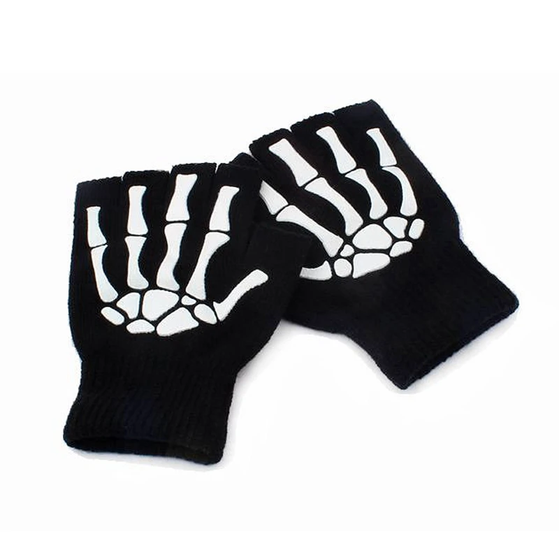 New Punk Gloves Unisex Halloween Skeleton Skull Half Finger Gloves Glow in The Dark Fingerless Stretch Knitted Winter Mittens